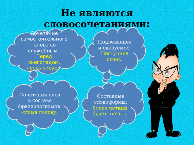 Не являются словосочетаниями : Подлежащее и сказуемое: Наступила осень. Сочетание самостоятельного слова со служебным . Перед снегопадом, пусть рисует. Сочетания слов в составе фразеологизмов: сломя голову. Составные словоформы: более четкий, будет писать. Приведите свои примеры.  