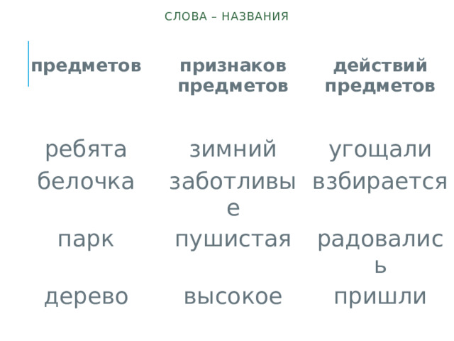 Слова – названия    предметов признаков предметов ребята действий предметов зимний белочка угощали заботливые парк взбирается пушистая дерево радовались высокое пришли 