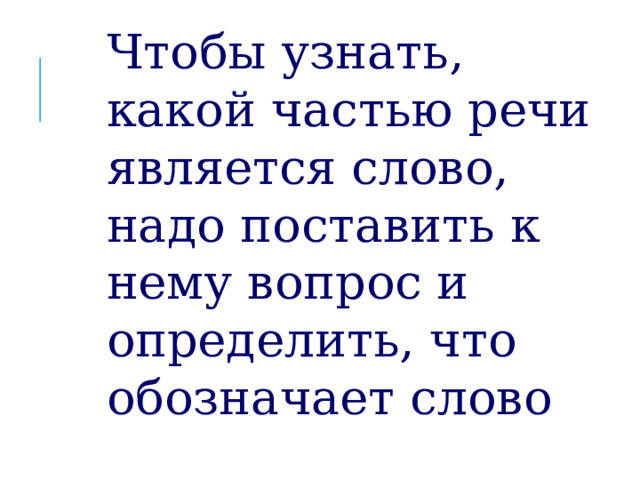 Чтобы узнать, какой частью речи является слово, надо поставить к нему вопрос и определить, что обозначает слово  Сделайте вывод, как определить какой частью речи является слово?  