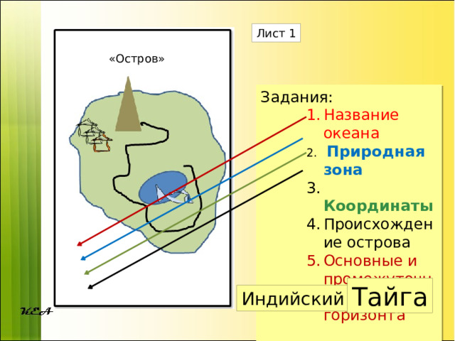 Лист 1 «Остров» Задания: Название океана Название океана Название океана  Природная зона  Координаты Происхождение острова  Природная зона  Координаты Происхождение острова  Природная зона  Координаты Происхождение острова Основные и промежуточные стороны горизонта Основные и промежуточные стороны горизонта Основные и промежуточные стороны горизонта Тайга Индийский 
