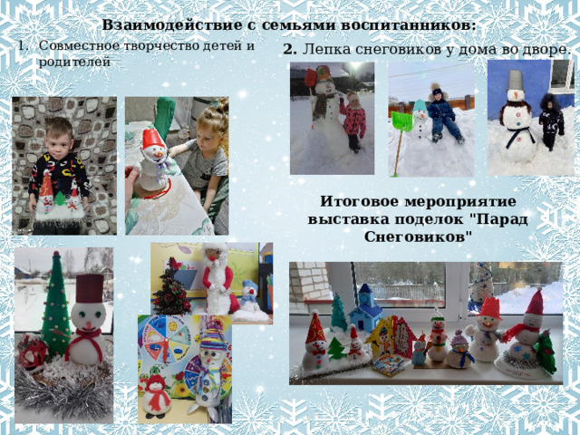 Взаимодействие с семьями воспитанников: Совместное творчество детей и родителей 2. Лепка снеговиков у дома во дворе . Итоговое мероприятие выставка поделок 