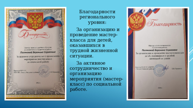 Благодарности регионального уровня:   За организацию и проведение мастер-класса для детей, оказавшихся в трудной жизненной ситуации.  За активное сотрудничество и организацию мероприятия (мастер-класс) по социальной работе. 