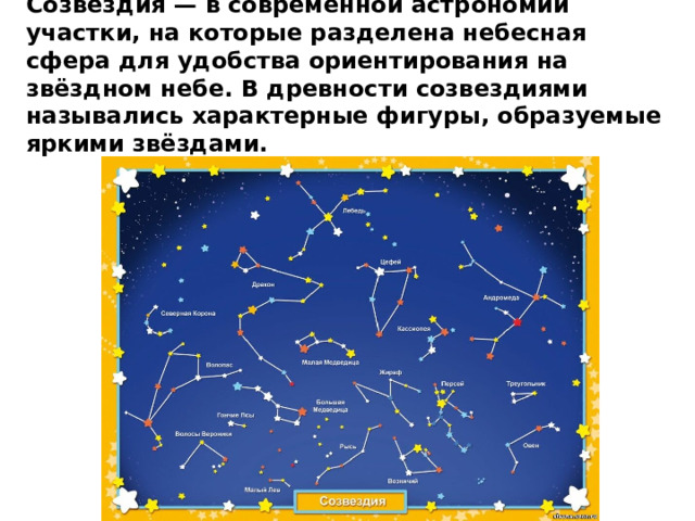 Созве́здия — в современной астрономии участки, на которые разделена небесная сфера для удобства ориентирования на звёздном небе. В древности созвездиями назывались характерные фигуры, образуемые яркими звёздами. 