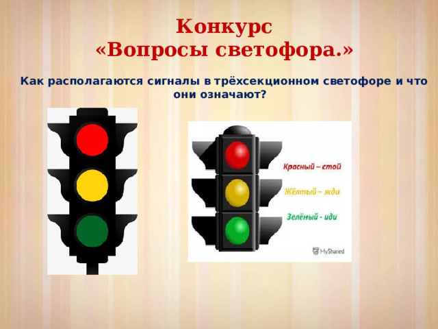 Конкурс  «Вопросы светофора.» Как располагаются сигналы в трёхсекционном светофоре и что они означают? 