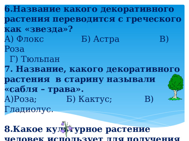 6.Название какого декоративного растения переводится с греческого как «звезда»? А) Флокс Б) Астра В) Роза  Г) Тюльпан 7. Название, какого декоративного растения  в старину называли «сабля – трава». А)Роза; Б) Кактус; В) Гладиолус. 8.Какое культурное растение человек использует для получения ткани? А) Хлопок Б) Ячмень В) Гречиху Г) Хмель 