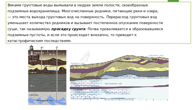 Веками грунтовые воды вымывали в недрах земли полости, своеобразные подземные водохранилища. Многочисленные родники, питающие реки и озера, — это места выхода грунтовых вод на поверхность. Перерасход грунтовых вод уменьшает количество родников и вызывает постепенное опускание поверхности суши, так называемую просадку грунта . Почва проваливается в образовавшиеся подземные пустоты, и если это происходит внезапно, то приводит к катастрофическим последствиям. 