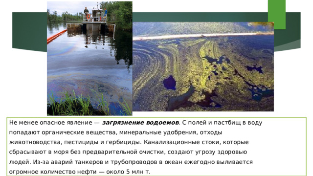 Не менее опасное явление — загрязнение водоемов . С полей и пастбищ в воду попадают органические вещества, минеральные удобрения, отходы животноводства, пестициды и гербициды. Канализационные стоки, которые сбрасывают в моря без предварительной очистки, создают угрозу здоровью людей. Из-за аварий танкеров и трубопроводов в океан ежегодно выливается огромное количество нефти — около 5 млн т. 