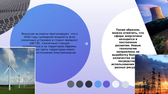 Таким образом, можно отметить, что сфера энергетики находится в постоянном развитии. Новые технологии направлены на выработку большего количества энергии посредством использования самых разных ресурсов.  Японские эксперты прогнозируют, что к 2030 году суммарная мощность всех солнечных установок в стране превысит 100 ГВт. Солнечные станции развиваются и на территории Африки, где только треть территории имеет доступ к источникам электроэнергии 