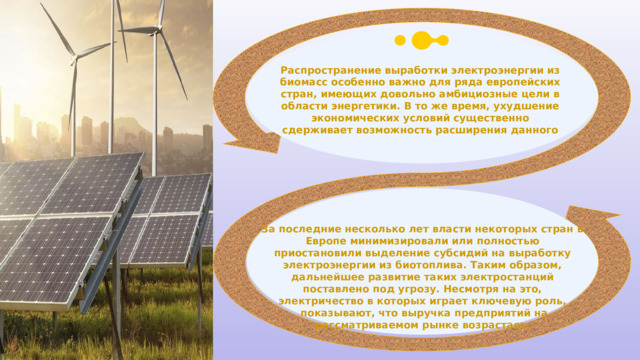 Распространение выработки электроэнергии из биомасс особенно важно для ряда европейских стран, имеющих довольно амбициозные цели в области энергетики. В то же время, ухудшение экономических условий существенно сдерживает возможность расширения данного За последние несколько лет власти некоторых стран в Европе минимизировали или полностью приостановили выделение субсидий на выработку электроэнергии из биотоплива. Таким образом, дальнейшее развитие таких электростанций поставлено под угрозу. Несмотря на это, электричество в которых играет ключевую роль,  показывают, что выручка предприятий на рассматриваемом рынке возрастает. 