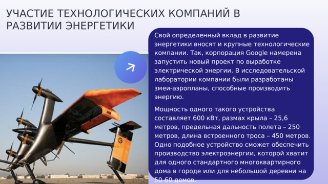 УЧАСТИЕ ТЕХНОЛОГИЧЕСКИХ КОМПАНИЙ В РАЗВИТИИ ЭНЕРГЕТИКИ Свой определенный вклад в развитие энергетики вносят и крупные технологические компании. Так, корпорация Google намерена запустить новый проект по выработке электрической энергии. В исследовательской лаборатории компании были разработаны змеи-аэропланы, способные производить энергию. Мощность одного такого устройства составляет 600 кВт, размах крыла – 25,6 метров, предельная дальность полета – 250 метров, длина встроенного троса – 450 метров. Одно подобное устройство сможет обеспечить производство электроэнергии, которой хватит для одного стандартного многоквартирного дома в городе или для небольшой деревни на 50-60 домов. 
