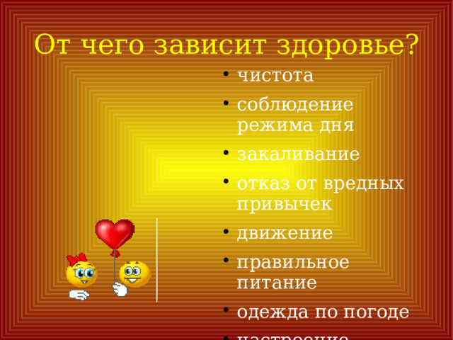 От чего зависит здоровье? чистота соблюдение режима дня закаливание отказ от вредных привычек движение правильное питание одежда по погоде настроение 