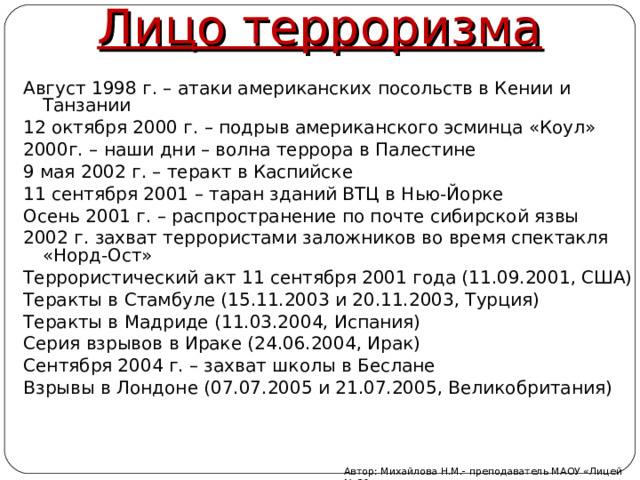 Лицо терроризма Август 1998 г. – атаки американских посольств в Кении и Танзании 12 октября 2000 г. – подрыв американского эсминца «Коул» 2000г. – наши дни – волна террора в Палестине 9 мая 2002 г. – теракт в Каспийске 11 сентября 2001 – таран зданий ВТЦ в Нью-Йорке Осень 2001 г. – распространение по почте сибирской язвы 2002 г. захват террористами заложников во время спектакля «Норд-Ост» Террористический акт 11 сентября 2001 года (11.09.2001, США) Теракты в Стамбуле (15.11.2003 и 20.11.2003, Турция) Теракты в Мадриде (11.03.2004, Испания) Серия взрывов в Ираке (24.06.2004, Ирак) Сентября 2004 г. – захват школы в Беслане Взрывы в Лондоне (07.07.2005 и 21.07.2005, Великобритания)   Автор: Михайлова Н.М.- преподаватель МАОУ «Лицей № 21» 