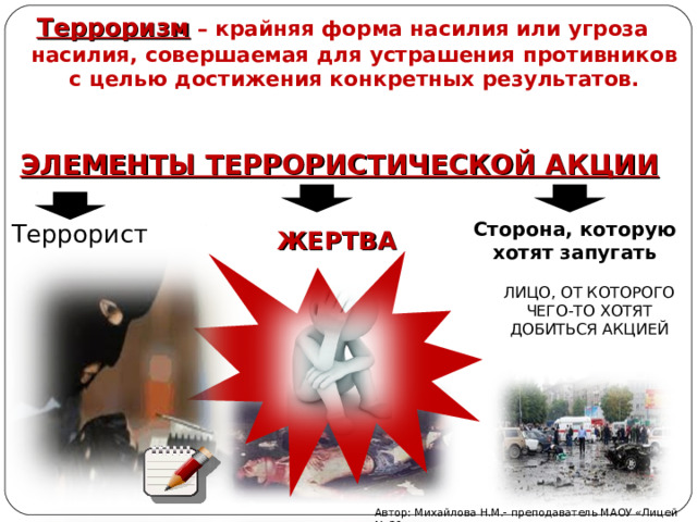 Терроризм  – крайняя форма насилия или угроза насилия, совершаемая для устрашения противников с целью достижения конкретных результатов. ЭЛЕМЕНТЫ ТЕРРОРИСТИЧЕСКОЙ АКЦИИ Сторона, которую хотят запугать Террорист ЖЕРТВА ЛИЦО, ОТ КОТОРОГО ЧЕГО-ТО ХОТЯТ ДОБИТЬСЯ АКЦИЕЙ Автор: Михайлова Н.М.- преподаватель МАОУ «Лицей № 21» 