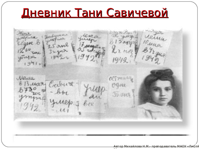 Дневник Тани Савичевой Автор Михайлова Н.М.- преподаватель МАОУ «Лицей № 21»  