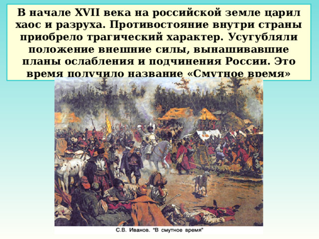 В начале XVII века на российской земле царил хаос и разруха. Противостояние внутри страны приобрело трагический характер. Усугубляли положение внешние силы, вынашивавшие планы ослабления и подчинения России. Это время получило название «Смутное время» 