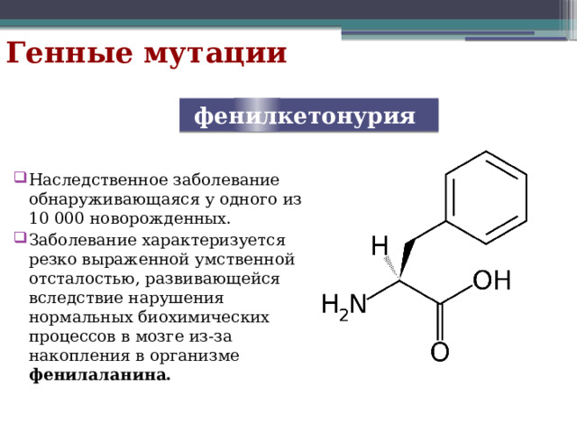 Генные мутации фенилкетонурия  Наследственное заболевание обнаруживающаяся у одного из 10 000 новорожденных. Заболевание характеризуется резко выраженной умственной отсталостью, развивающейся вследствие нарушения нормальных биохимических процессов в мозге из-за накопления в организме фенилаланина. 