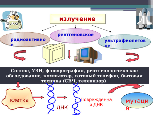  излучение рентгеновское радиоактивное ультрафиолетовое Солнце, УЗИ, флюорография, рентгенологическое обследование, компьютер, сотовый телефон, бытовая техника (СВЧ, телевизор)  Поврежденная ДНК клетка мутация ДНК 