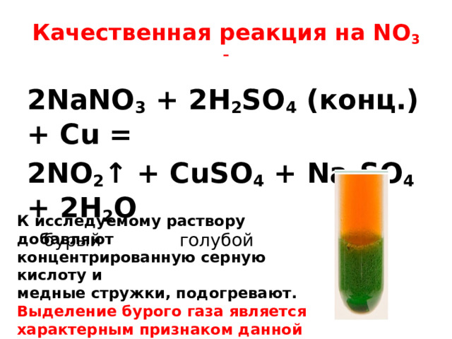 Качественная реакция на NO 3  – 2NaNO 3 + 2H 2 SO 4 (конц.) + Cu = 2NO 2 ↑ + CuSO 4 + Na 2 SO 4 + 2H 2 O  бурый голубой К исследуемому раствору добавляют концентрированную серную кислоту и медные стружки, подогревают. Выделение бурого газа является характерным признаком данной реакции. 