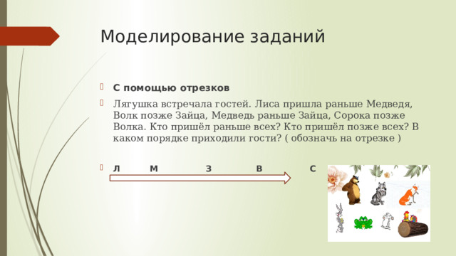 Моделирование заданий С помощью отрезков Лягушка встречала гостей. Лиса пришла раньше Медведя, Волк позже Зайца, Медведь раньше Зайца, Сорока позже Волка. Кто пришёл раньше всех? Кто пришёл позже всех? В каком порядке приходили гости? ( обозначь на отрезке ) Л          М                З               В                С 