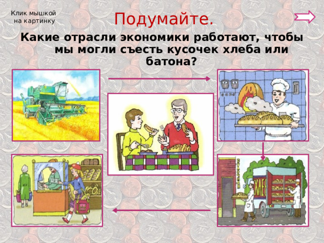  Подумайте. Клик мышкой на картинку Какие отрасли экономики работают, чтобы мы могли съесть кусочек хлеба или батона? 