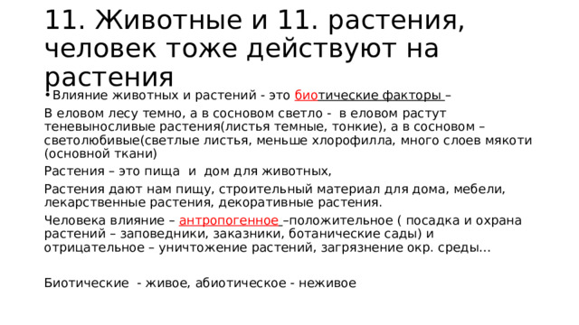11. Животные и 11. растения, человек тоже действуют на растения Влияние животных и растений - это био тические факторы – В еловом лесу темно, а в сосновом светло - в еловом растут теневыносливые растения(листья темные, тонкие), а в сосновом – светолюбивые(светлые листья, меньше хлорофилла, много слоев мякоти (основной ткани) Растения – это пища и дом для животных, Растения дают нам пищу, строительный материал для дома, мебели, лекарственные растения, декоративные растения. Человека влияние – антропогенное  –положительное ( посадка и охрана растений – заповедники, заказники, ботанические сады) и отрицательное – уничтожение растений, загрязнение окр. среды… Биотические - живое, абиотическое - неживое 