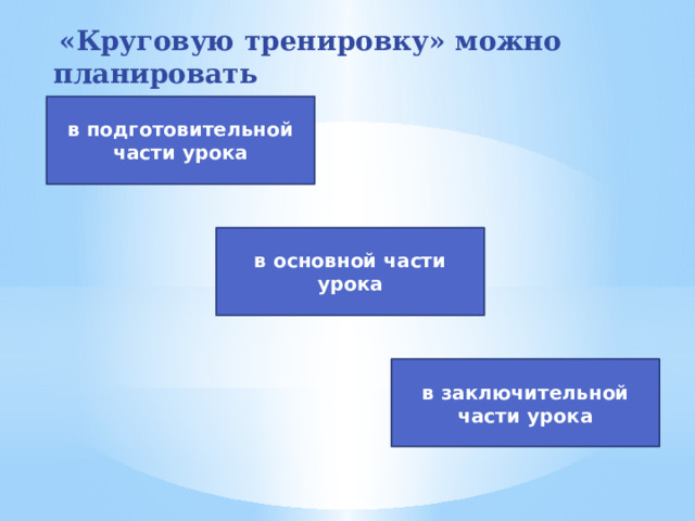  «Круговую тренировку» можно планировать в подготовительной части урока в основной части урока в заключительной части урока  
