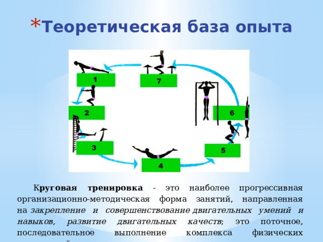 Теоретическая база опыта К руговая тренировка - это наиболее прогрессивная организационно-методическая форма занятий, направленная на  закрепление и совершенствование   двигательных умений и навыков, развитие двигательных качеств ; это поточное, последовательное выполнение комплекса физических упражнений.  