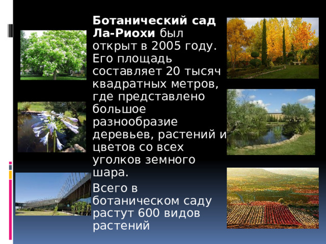 Ботанический сад Ла-Риохи был открыт в 2005 году. Его площадь составляет 20 тысяч квадратных метров, где представлено большое разнообразие деревьев, растений и цветов со всех уголков земного шара. Всего в ботаническом саду растут 600 видов растений 