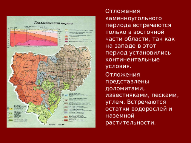  Отложения каменноугольного периода встречаются только в восточной части области, так как на западе в этот период установились континентальные условия.  Отложения представлены доломитами, известняками, песками, углем. Встречаются остатки водорослей и наземной растительности. 