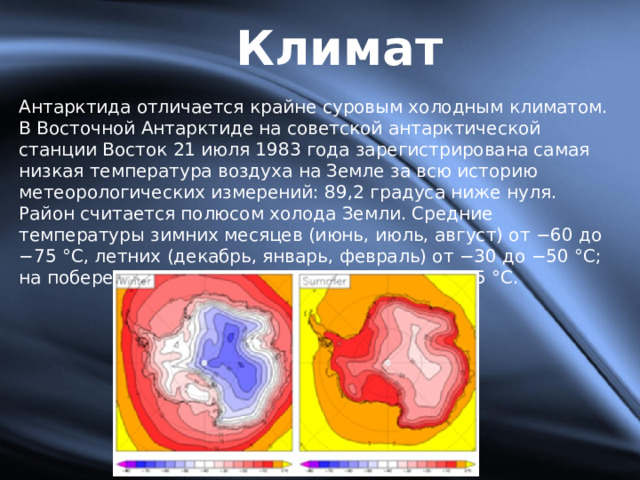 Климат Антарктида отличается крайне суровым холодным климатом. В Восточной Антарктиде на советской антарктической станции Восток 21 июля 1983 года зарегистрирована самая низкая температура воздуха на Земле за всю историю метеорологических измерений: 89,2 градуса ниже нуля. Район считается полюсом холода Земли. Средние температуры зимних месяцев (июнь, июль, август) от −60 до −75 °С, летних (декабрь, январь, февраль) от −30 до −50 °С; на побережье зимой от −8 до −35 °С, летом 0—5 °С. 