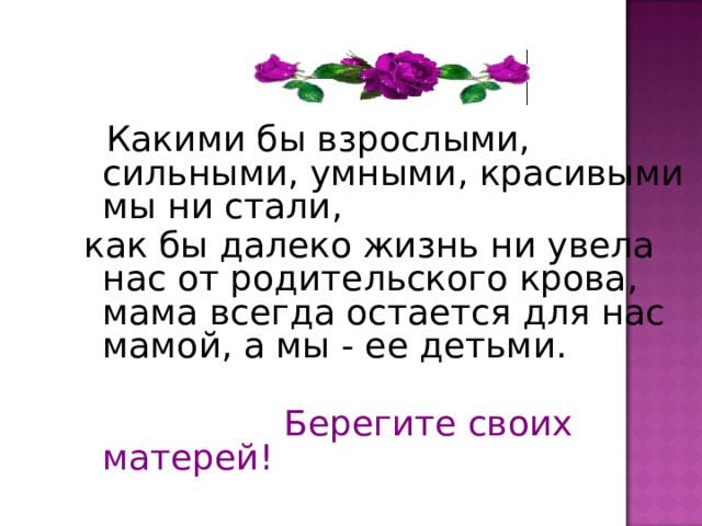  Какими бы взрослыми, сильными, умными, красивыми мы ни стали, как бы далеко жизнь ни увела нас от родительского крова, мама всегда остается для нас мамой, а мы - ее детьми.  Берегите своих матерей! 