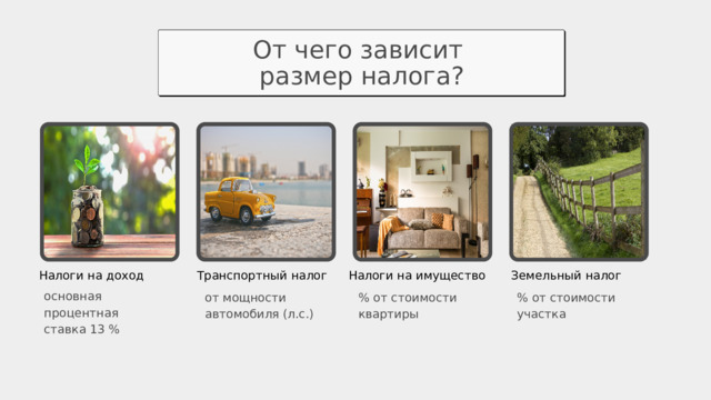 От чего зависит размер налога? Налоги на доход Транспортный налог Налоги на имущество Земельный налог основная процентная ставка 13 % от мощности автомобиля (л.с.) % от стоимости квартиры % от стоимости участка 