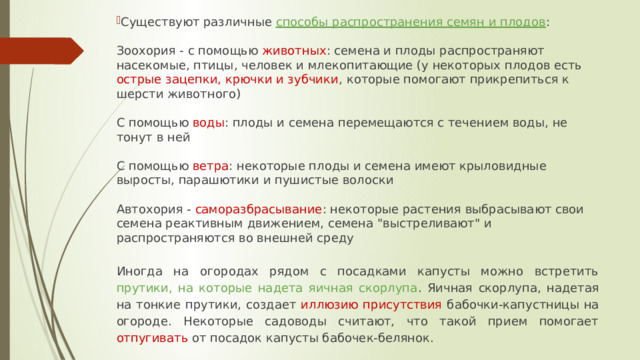 Существуют различные способы распространения семян и плодов : Зоохория - с помощью животных : семена и плоды распространяют насекомые, птицы, человек и млекопитающие (у некоторых плодов есть острые зацепки, крючки и зубчики , которые помогают прикрепиться к шерсти животного) С помощью воды : плоды и семена перемещаются с течением воды, не тонут в ней С помощью ветра : некоторые плоды и семена имеют крыловидные выросты, парашютики и пушистые волоски Автохория - саморазбрасывание : некоторые растения выбрасывают свои семена реактивным движением, семена 