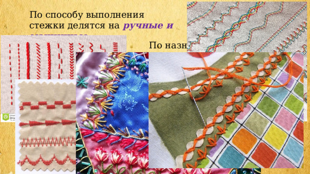 По способу выполнения стежки делятся на  ручные и машинные По назначению на  соединительные и отделочные. 