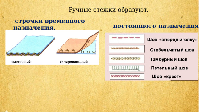 Ручные стежки образуют.   строчки временного назначения.   постоянного назначения 