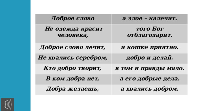 Доброе слово а злое – калечит. Не одежда красит человека, того Бог отблагодарит. Доброе слово лечит, и кошке приятно. Не хвались серебром, добро и делай. Кто добро творит, в том и правды мало. В ком добра нет, а его добрые дела. Добра желаешь, а хвались добром. 