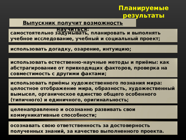 Планируемые результаты Выпускник получит возможность научиться : самостоятельно задумывать, планировать и выполнять учебное исследование, учебный и социальный проект; использовать догадку, озарение, интуицию; использовать естественно-научные методы и приёмы: как абстрагирование от привходящих факторов, проверка на совместимость с другими фактами; использовать приёмы художественного познания мира: целостное отображение мира, образность, художественный вымысел, органическое единство общего особенного (типичного) и единичного, оригинальность; целенаправленно и осознанно развивать свои коммуникативные способности; осознавать свою ответственность за достоверность полученных знаний, за качество выполненного проекта. 