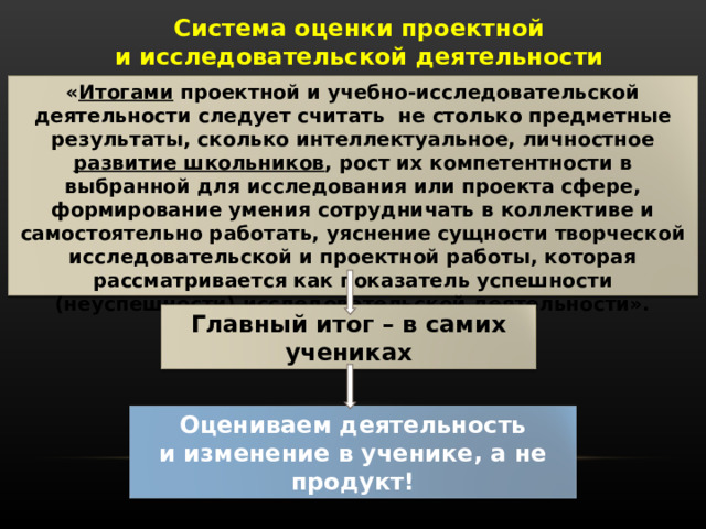 Система оценки проектной  и исследовательской деятельности « Итогами проектной и учебно-исследовательской деятельности следует считать не столько предметные результаты, сколько интеллектуальное, личностное развитие школьников , рост их компетентности в выбранной для исследования или проекта сфере, формирование умения сотрудничать в коллективе и самостоятельно работать, уяснение сущности творческой исследовательской и проектной работы, которая рассматривается как показатель успешности (неуспешности) исследовательской деятельности». Главный итог – в самих учениках Оцениваем деятельность  и изменение в ученике, а не продукт! 