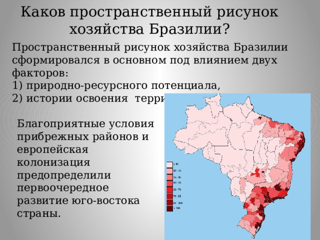 Каков пространственный рисунок хозяйства Бразилии? Пространственный рисунок хозяйства Бразилии сформировался в основном под влиянием двух факторов: 1) природно-ресурсного потенциала, 2) истории освоения территории Благоприятные условия прибрежных районов и европейская колонизация предопределили первоочередное развитие юго-востока страны. 