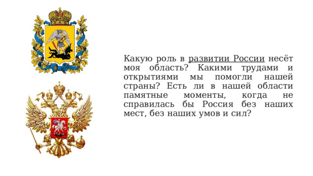 Какую роль в развитии России несёт моя область? Какими трудами и открытиями мы помогли нашей страны? Есть ли в нашей области памятные моменты, когда не справилась бы Россия без наших мест, без наших умов и сил? 