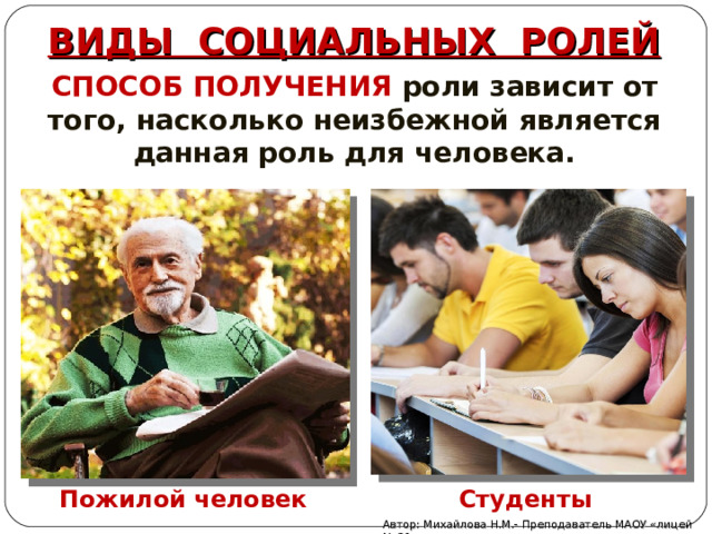 ВИДЫ СОЦИАЛЬНЫХ РОЛЕЙ СПОСОБ ПОЛУЧЕНИЯ роли зависит от того, насколько неизбежной является данная роль для человека. Пожилой человек Студенты Автор: Михайлова Н.М.- Преподаватель МАОУ «лицей № 21» 