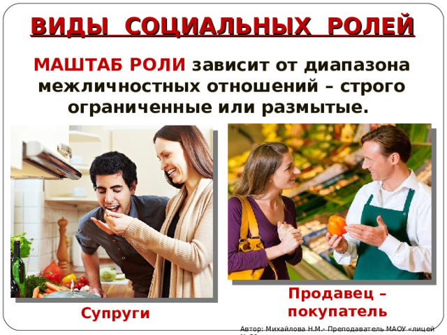 ВИДЫ СОЦИАЛЬНЫХ РОЛЕЙ МАШТАБ РОЛИ зависит от диапазона межличностных отношений – строго ограниченные или размытые. Продавец – покупатель Супруги Автор: Михайлова Н.М.- Преподаватель МАОУ «лицей № 21»  