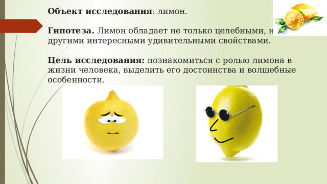 Объект исследования : лимон.   Гипотеза. Лимон обладает не только целебными, но и другими интересными удивительными свойствами.   Цель исследования: познакомиться с ролью лимона в жизни человека, выделить его достоинства и волшебные особенности.   