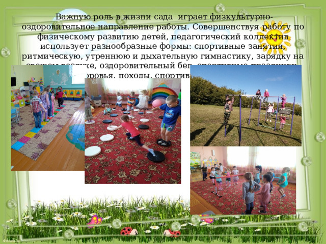  Важную роль в жизни сада играет физкультурно-оздоровительное направление работы. Совершенствуя работу по физическому развитию детей, педагогический коллектив использует разнообразные формы: спортивные занятия, ритмическую, утреннюю и дыхательную гимнастику, зарядку на свежем воздухе, оздоровительный бег, спортивные праздники, дни здоровья, походы, спортивные развлечения. 