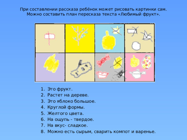 При составлении рассказа ребёнок может рисовать картинки сам.  Можно составить план пересказа текста «Любимый фрукт».    Это фрукт. Растет на дереве. Это яблоко большое. Круглой формы. Желтого цвета. На ощупь - твердое. На вкус- сладкое. Можно есть сырым, сварить компот и варенье. 