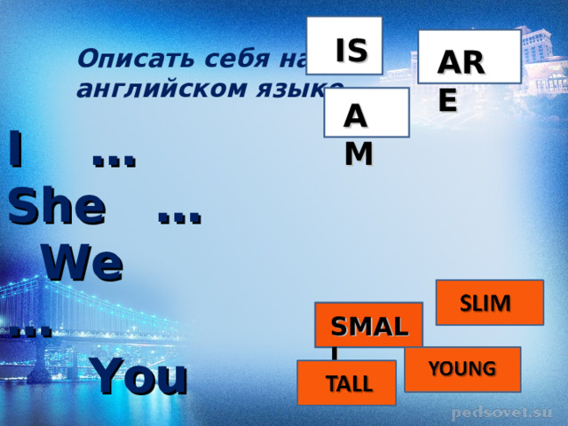 IS ARE Описать себя на английском языке AM I  … She  …  We …  You … SMALL 