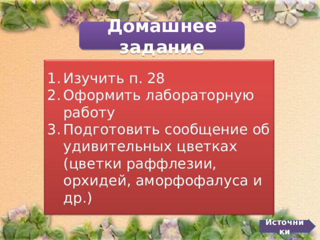 Домашнее задание Изучить п. 28 Оформить лабораторную работу Подготовить сообщение об удивительных цветках (цветки раффлезии, орхидей, аморфофалуса и др.) Источники 