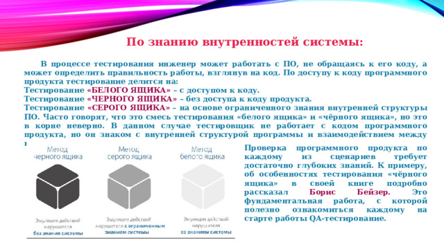  По знанию внутренностей системы:   В процессе тестирования инженер может работать с ПО, не обращаясь к его коду, а может определить правильность работы, взглянув на код. По доступу к коду программного продукта тестирование делится на: Тестирование «БЕЛОГО ЯЩИКА»  – с доступом к коду. Тестирование «ЧЕРНОГО ЯЩИКА»  – без доступа к коду продукта. Тестирование «СЕРОГО ЯЩИКА»  – на основе ограниченного знания внутренней структуры ПО. Часто говорят, что это смесь тестирования «белого ящика» и «чёрного ящика», но это в корне неверно. В данном случае тестировщик не работает с кодом программного продукта, но он знаком с внутренней структурой программы и взаимодействием между компонентами. Проверка программного продукта по каждому из сценариев требует достаточно глубоких знаний. К примеру, об особенностях тестирования «чёрного ящика» в своей книге подробно рассказал Борис Бейзер. Это фундаментальная работа, с которой полезно ознакомиться каждому на старте работы QA-тестирование. 