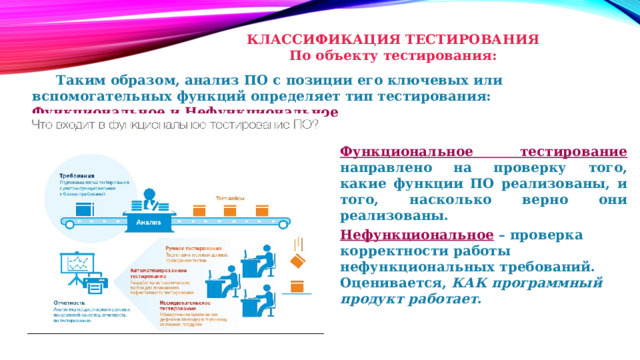КЛАССИФИКАЦИЯ ТЕСТИРОВАНИЯ По объекту тестирования:  Таким образом, анализ ПО с позиции его ключевых или вспомогательных функций определяет тип тестирования: Функциональное и Нефункциональное Функциональное тестирование  направлено на проверку того, какие функции ПО реализованы, и того, насколько верно они реализованы. Нефункциональное  – проверка корректности работы нефункциональных требований. Оценивается, КАК программный продукт работает . 