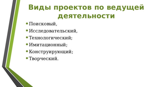 Виды проектов по ведущей деятельности Поисковый, Исследовательский, Технологический; Имитационный; Конструирующий; Творческий.  